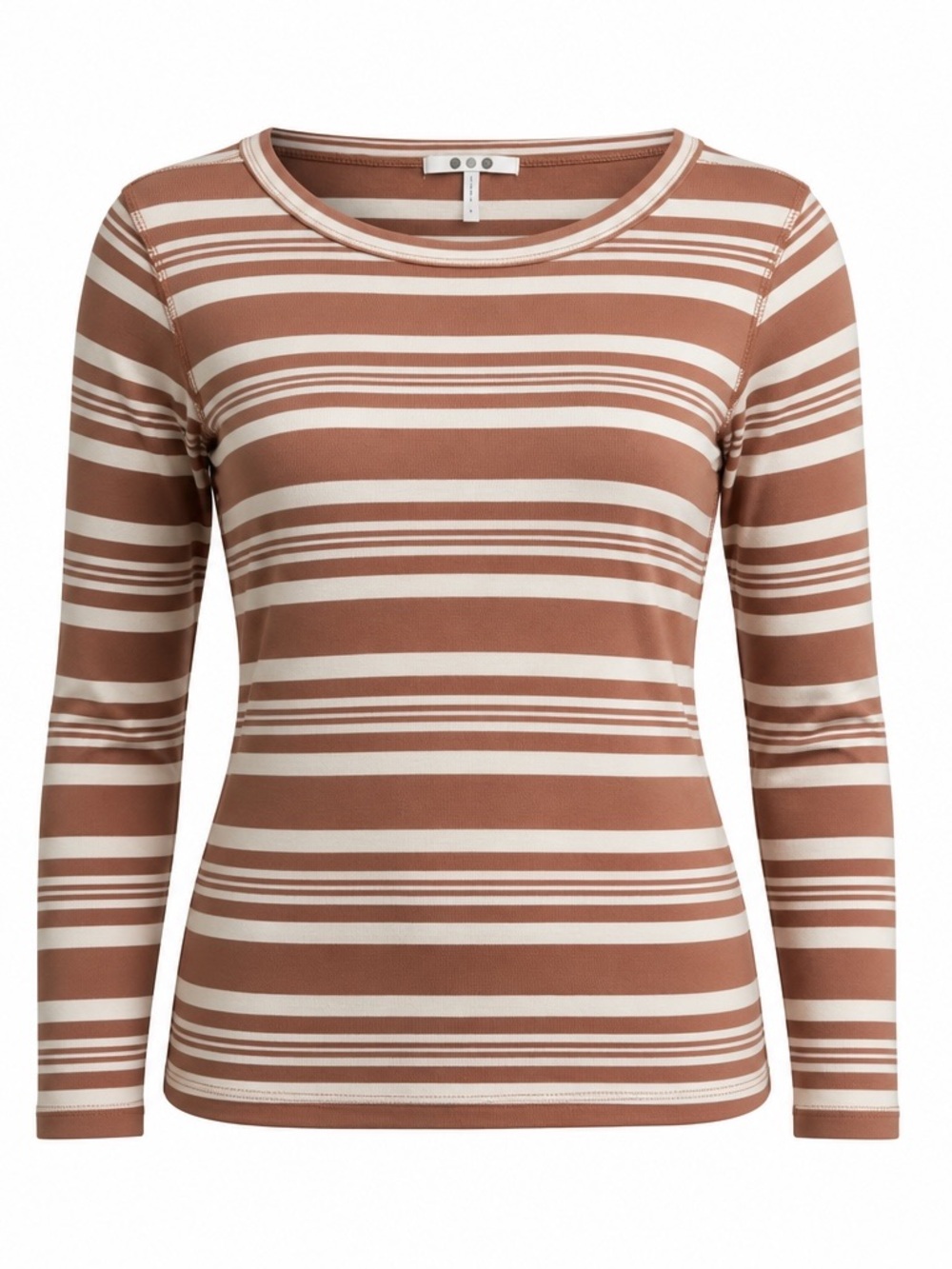 Three Dots Striped Crewneck Long-Sleeve Top in Brown and Cream. Size L